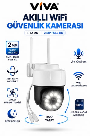 iCam365 VV-26 WiFi Akıllı Güvenlik Kamerası 2MP 1080P Full HD – 355° Döner, Hareket Takibi, Gece Görüşü, Çift Yönlü Ses