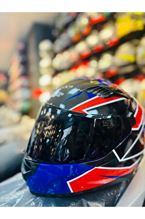 Fazer Siyah Vizör Rush Blue Red White Full Face Güneş Vizörlü Motosiklet Kaskı