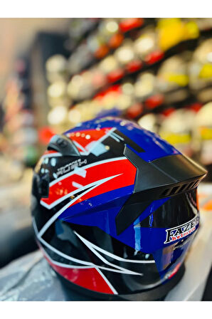 Fazer Siyah Vizör Rush Blue Red White Full Face Güneş Vizörlü Motosiklet Kaskı