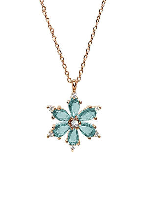 Mavi Taşlı Çiçek Figürlü Rose Kadın Gümüş Kolye