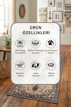 A- 8 Yıkanabilir Kaymaz Taban Dijital Baskılı Yolluk Halı Vizon