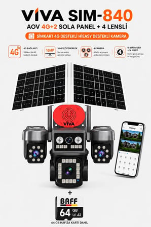 Sim-840 Çift Güneş Panelli 4G Sim Kartlı Kablosuz 4 Lensli Güvenlik Kamerası 16MP PTZ 64GB Hafıza Kart Dahil