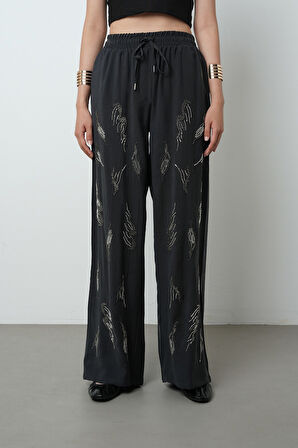 Kadın Önü Taş İşlemeli Düz Renk Beli Lastikli Bol Paça Pantolon