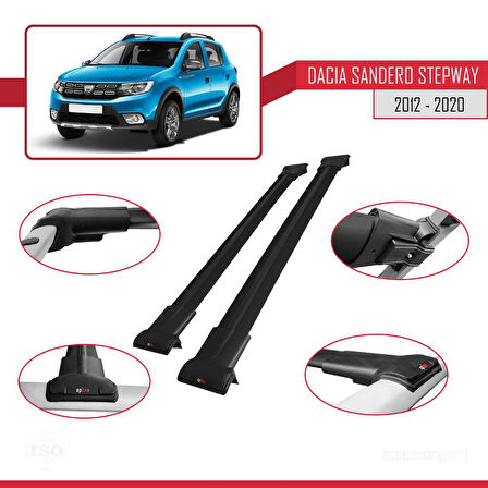 Dacia Sandero Stepway 2 2012-2020 Arası ile Uyumlu FLY Model Ara Atkı Tavan Barı Siyah 2 Adet