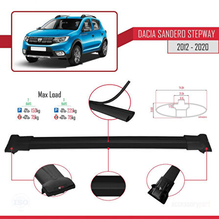 Dacia Sandero Stepway 2 2012-2020 Arası ile Uyumlu FLY Model Ara Atkı Tavan Barı Siyah 2 Adet