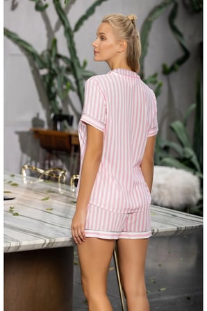 Laperissa Kadın Çizgili Saten Şortlu Pijama Takımı Pembe M Beden