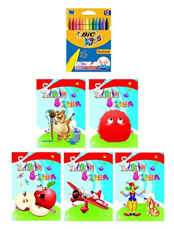 3-6 Yaş Şirin Boyama 5 li Kitapları+Silinebilir 12 li Pastel Boya