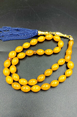 Arpa Kesim Sarı Alpaka Püsküllü Tespih (Ahşap Kutu)