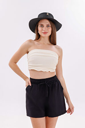 Genıus Store Kadın Şort Aerobin Pamuklu Cepli Çekmez Kumaş Beli Lastikli Şort 