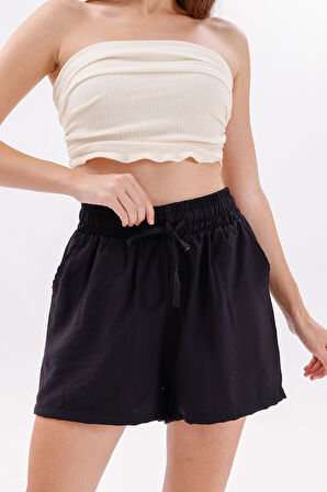 Genıus Store Kadın Şort Aerobin Pamuklu Cepli Çekmez Kumaş Beli Lastikli Şort 