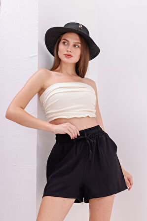 Genıus Store Kadın Şort Aerobin Pamuklu Cepli Çekmez Kumaş Beli Lastikli Şort 