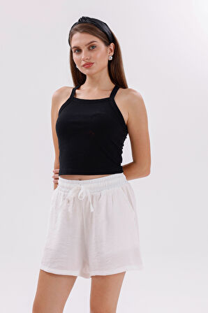 Genıus Store Kadın Şort Aerobin Pamuklu Cepli Çekmez Kumaş Beli Lastikli Şort 