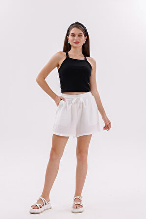 Genıus Store Kadın Şort Aerobin Pamuklu Cepli Çekmez Kumaş Beli Lastikli Şort 