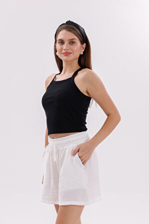 Genıus Store Kadın Şort Aerobin Pamuklu Cepli Çekmez Kumaş Beli Lastikli Şort 