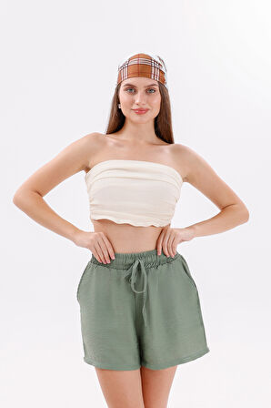 Genıus Store Kadın Şort Aerobin Pamuklu Cepli Çekmez Kumaş Beli Lastikli Şort 