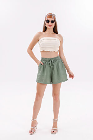 Genıus Store Kadın Şort Aerobin Pamuklu Cepli Çekmez Kumaş Beli Lastikli Şort 