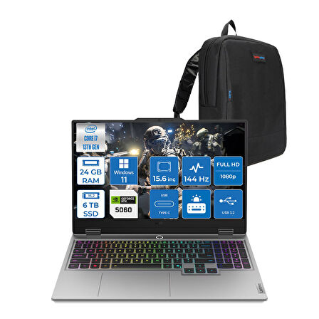 Lenovo Loq 15IRX10 Intel Core I7 13650HX 24GB Ddr5 6tb SSD RTX5060 8gb 100W Windows 11 Home 15.6" Fhd (1920X1080) IPS 300NITS 144Hz 100% Srgb Taşınabilir Bilgisayar 83JE00J5TRH11 + Zetta Çanta