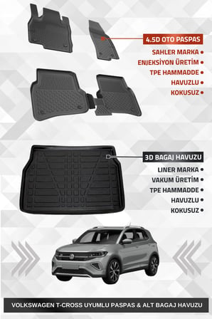 Sahler Volskwagen T-Cross 2022+ Uyumlu 4.5D Premium Havuzlu Oto Paspas Ve Liner Marka 3D Alt Bagaj Havuzu