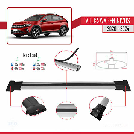 VW Nivus 2020-2024 Arası ile Uyumlu FLY Model Ara Atkı Tavan Barı Gri 2 Adet