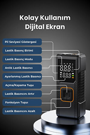  Dijital Göstergeli Led Işıklı Taşınabilir 4500mAh Araç Lastik Şişirme Hava Kompresörü