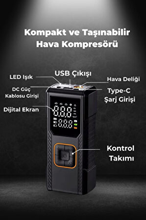  Dijital Göstergeli Led Işıklı Taşınabilir 4500mAh Araç Lastik Şişirme Hava Kompresörü