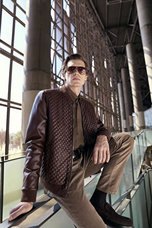 Regular Fit Baklava Desenli Erkek Mont Kahve 4527