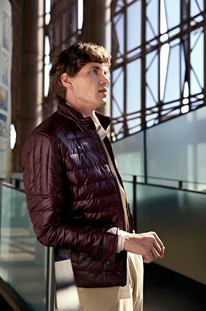 Su Geçirmez Regular Fit Erkek Şişme Suni Deri Mont Bordo 4528