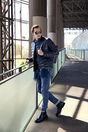 Su Geçirmez Regular Fit Erkek Şişme Suni Deri Mont Lacivert 4528