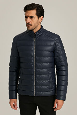 Su Geçirmez Regular Fit Erkek Şişme Suni Deri Mont Lacivert 4528