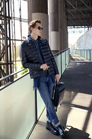 Su Geçirmez Regular Fit Erkek Şişme Suni Deri Mont Lacivert 4528