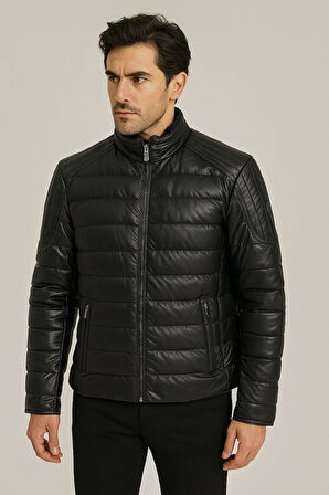 Su Geçirmez Regular Fit Erkek Şişme Suni Deri Mont Siyah 4528