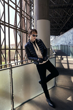 Su Geçirmez Regular Fit Erkek Şişme Suni Deri Mont Siyah 4528