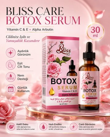 Bliss Care Botox Serum Vitamin C & E + Alpha Arbutin 30 ml – Aydınlatıcı ve Nemlendirici Cilt Bakım Serumu