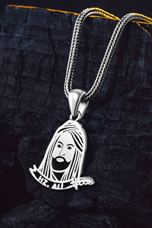 925 Ayar Gümüş Hz. Ali Motifli Zülfikar Kılıcı Tasarımlı Tilki Kuyruğu Erkek Kolye