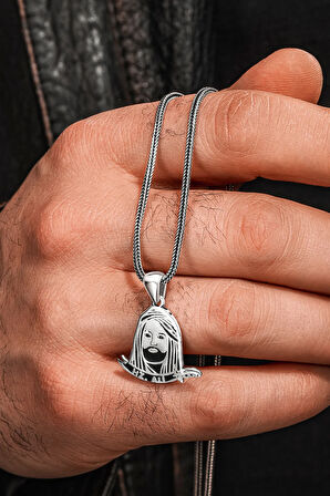 925 Ayar Gümüş Hz. Ali Motifli Zülfikar Kılıcı Tasarımlı Tilki Kuyruğu Erkek Kolye