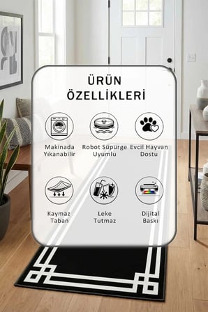 Çerçeve Klasik Siyah Modern Dijital Baskı Yıkanabilir Kaymaz Yolluk Halı Siyah