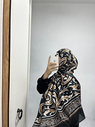 Aminenesil Etnik Desen Hardal Siyah Renk Soft Pamuk Şal