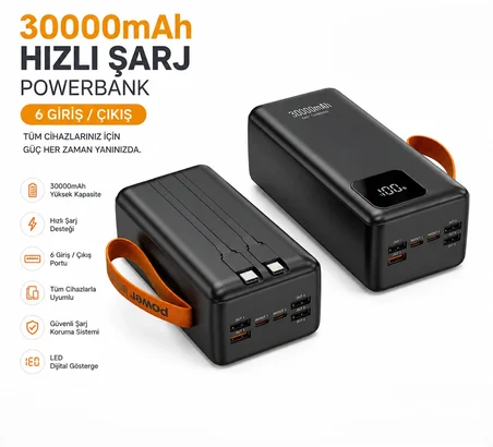 30.000 MAH Dijital LED Ekran Dahili Kablolu Tasarım ile Pratik Şarj Powerbank6 Port Çoklu Cihaz Desteği