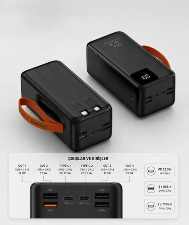 30.000 MAH Dijital LED Ekran Dahili Kablolu Tasarım ile Pratik Şarj Powerbank6 Port Çoklu Cihaz Desteği