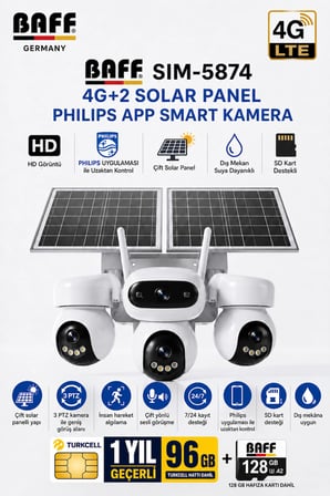 Baff SIM-5874 Çift Solar Panelli 4G SIM Kartlı 3 Lensli PTZ Akıllı Dış Mekan Güvenlik Kamerası HD IP Kamera + 96 GB SIM Kartı ve 128 GB Hafıza Kartı Dahil