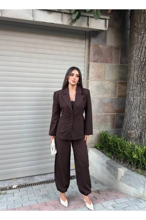 Kadın Düğme Detaylı Blazer Ceket ve Pantolon İkili Takım Şık Tasarım