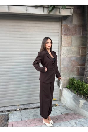 Kadın Düğme Detaylı Blazer Ceket ve Pantolon İkili Takım Şık Tasarım