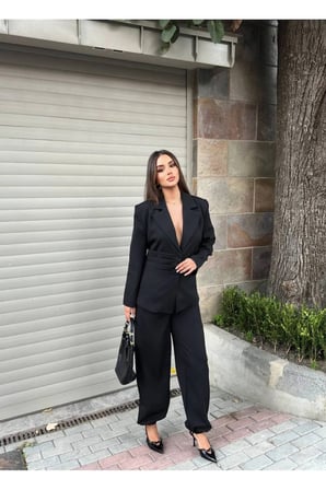 Kadın Düğme Detaylı Blazer Ceket ve Pantolon İkili Takım Şık Tasarım