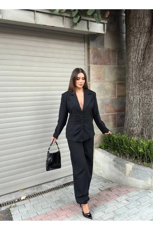 Kadın Düğme Detaylı Blazer Ceket ve Pantolon İkili Takım Şık Tasarım