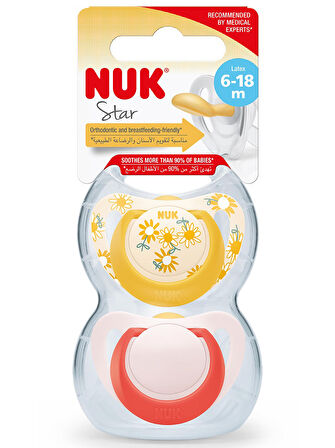 Nuk No:2 Star Kauçuk Emzik 6-18 Ay 2'l i-Saklama Kutulu Sarı-Pembe