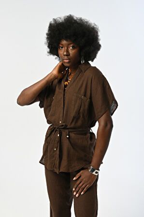 KADIN %100 KETEN KAHVERENGİ KISA KOLLU BAĞCIKLI GÖMLEK