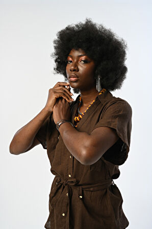 KADIN %100 KETEN KAHVERENGİ KISA KOLLU BAĞCIKLI GÖMLEK