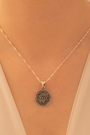 Kadın Gümüş Kolye - Hz. Süleyman Mührü Işlemeli Kadın Kolye