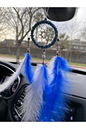 El Yapımı Düş Kapanı Dreamcatcher Mavi Beyaz Araba Dikiz Aynası Süsü