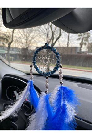 El Yapımı Düş Kapanı Dreamcatcher Mavi Beyaz Araba Dikiz Aynası Süsü